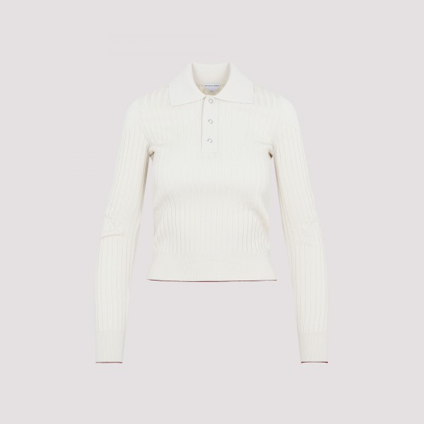 Shop Bottega Veneta Ribbed Cotton Polo Shirt Xs In Bone