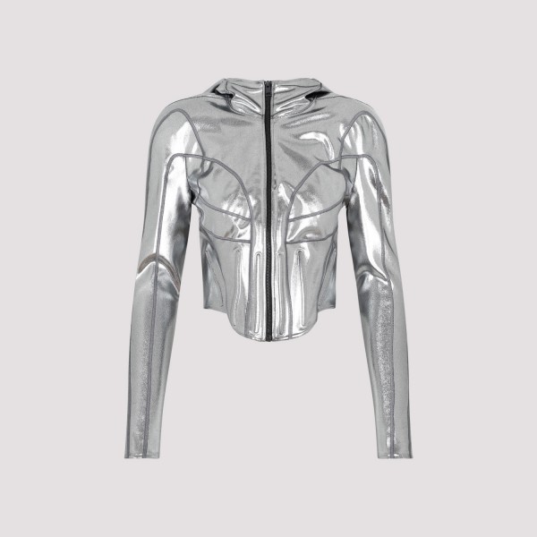 Shop Mugler Hooded Jacket 34 In Chrome Silver