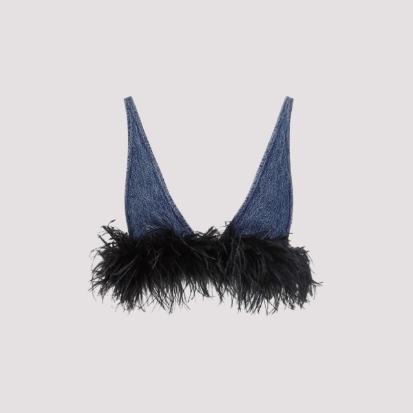 Shop Miu Miu Cotton Top With Feathers 38 In Fai Blu Nero