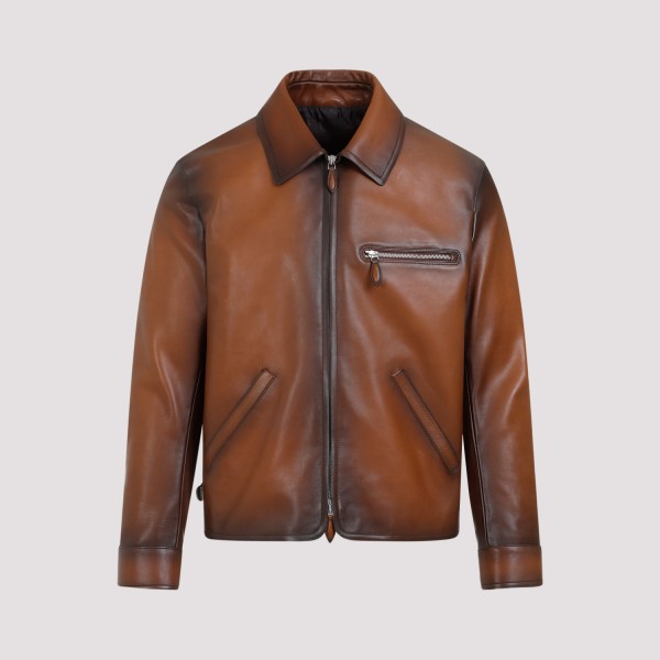 Berluti Calf Leather Jacket In S Rust Brown