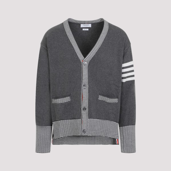 Shop Thom Browne Thome Browne Hector Icon Intarsia V Neck Cardigan 3 In Med Grey