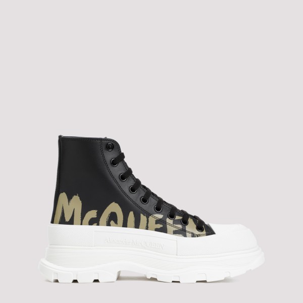 Shop Alexander Mcqueen Leather Boots 42 In Blk Of Whi Pale Khaki