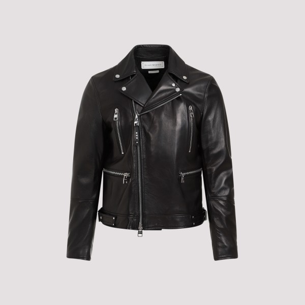 Shop Alexander Mcqueen Leather Biker Jacket 50 In Black