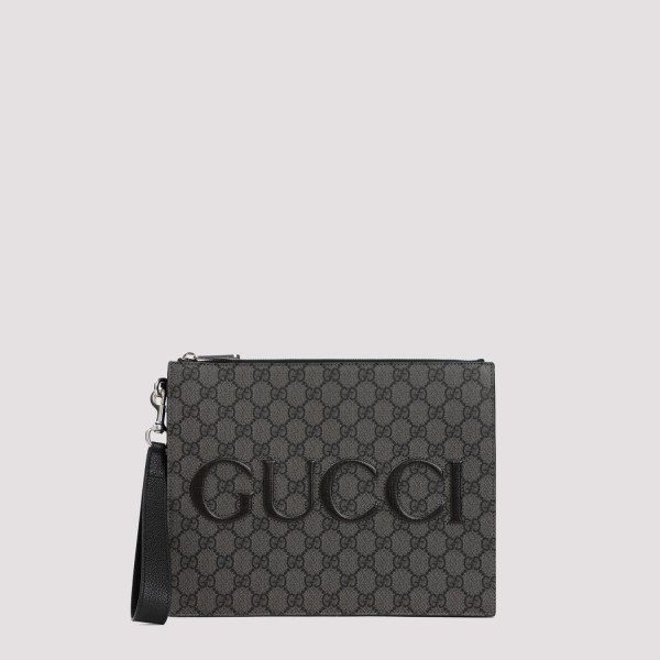 Gucci Gg Supreme Spunty Calf Leather Pouch In Grey Black