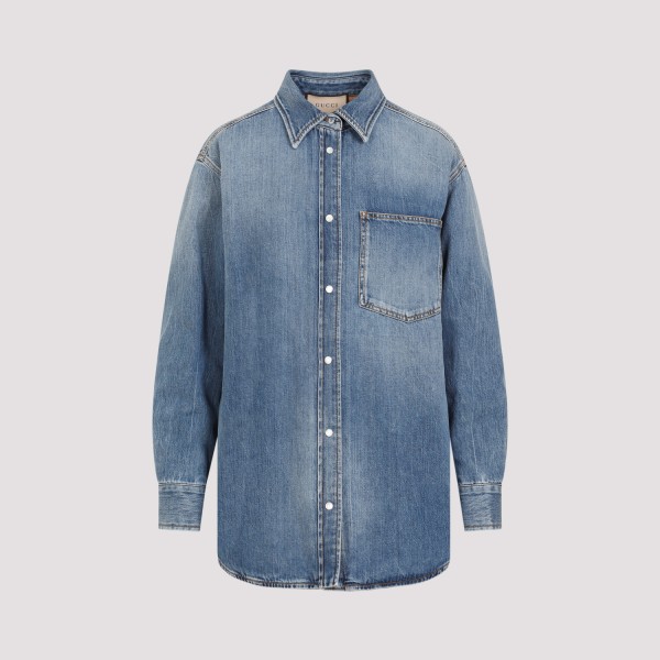 Shop Gucci Quilted Gg Patch Denim Shirt 38 In Blue Mix