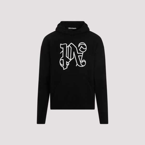 Shop Palm Angels Monogram Knitted Hoodie L In Black Off White