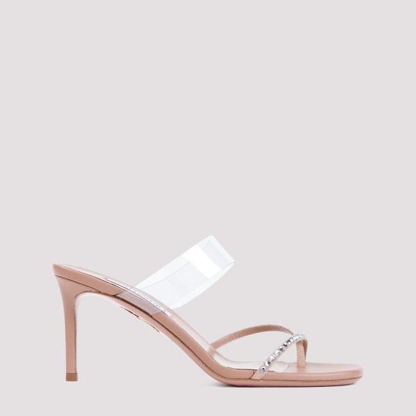 Aquazzura Movie 75 Pvc-trimmed Crystal-embellished Suede Mules In Pwp Powder Pink