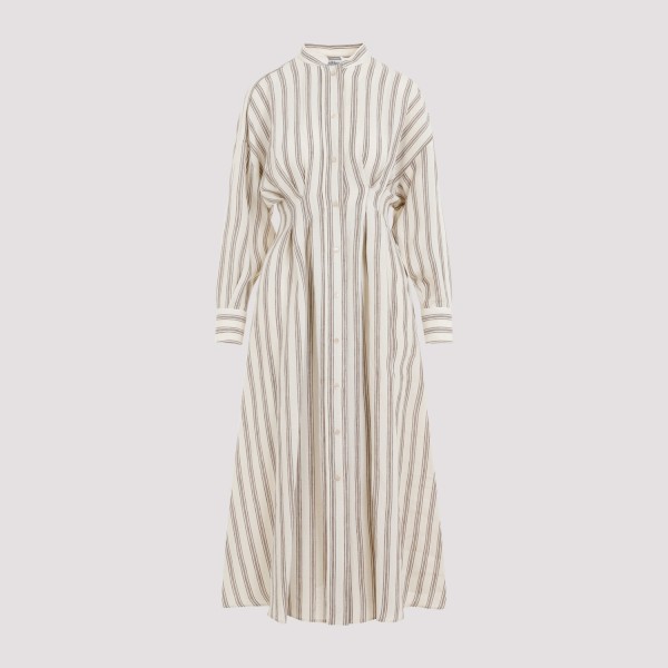Max Mara Yole Striped Linen Long Dress In Bianco Tela Argilla
