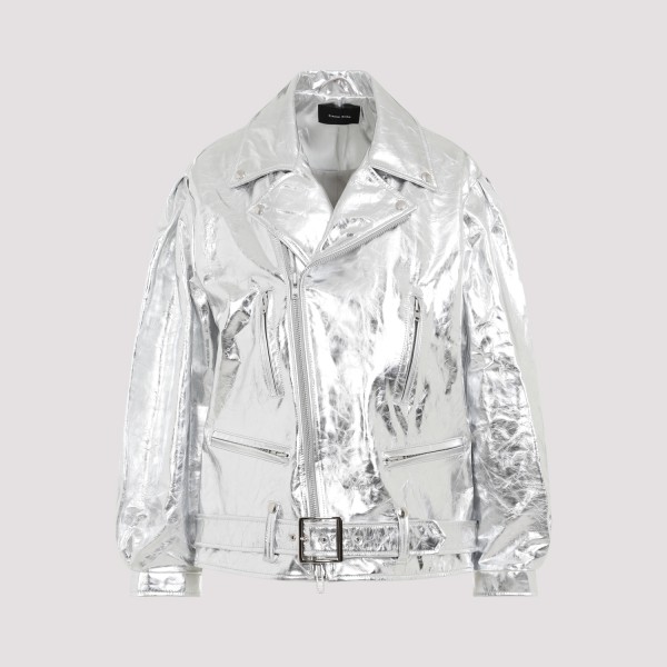 Shop Simone Rocha Puff Sleeves Biker Jacket S In Silver
